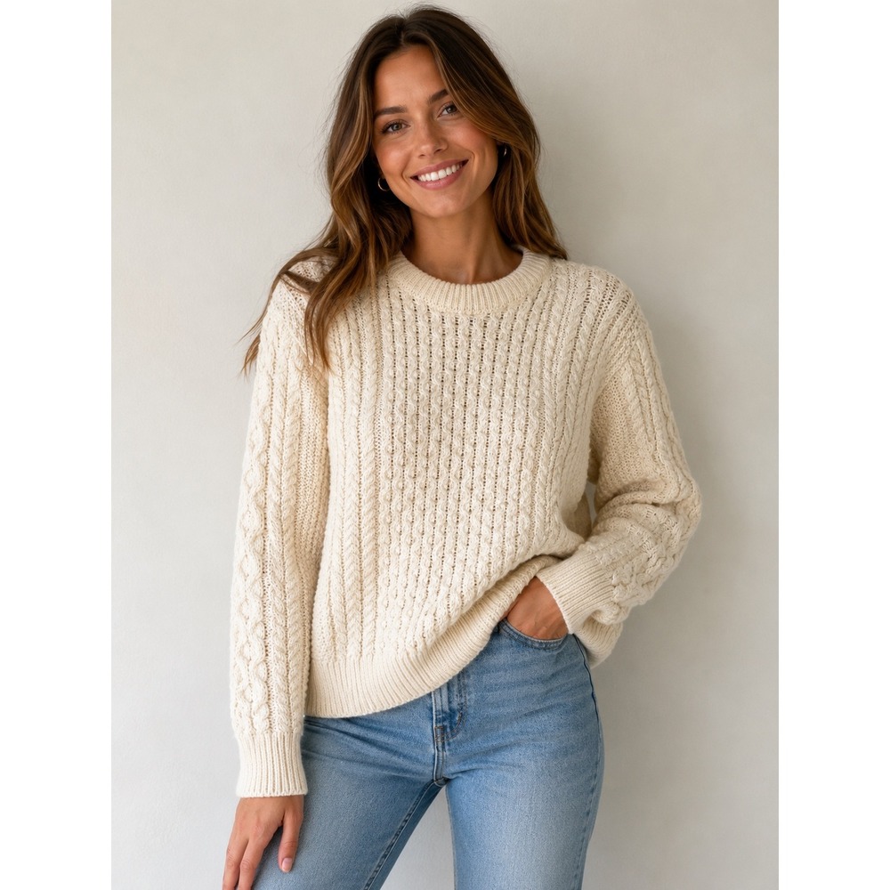 Original Aran Co Womens Cream 100% Merino Wool Cable Knit Sweater Small Ireland